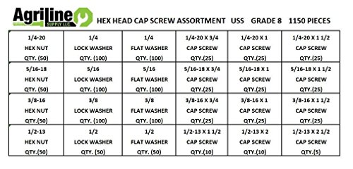 1150 Piece Grade 8 USS Bolt, Nut and Washer Assortment Head Cap Screws Flat and Lock Washers Hex Nuts
