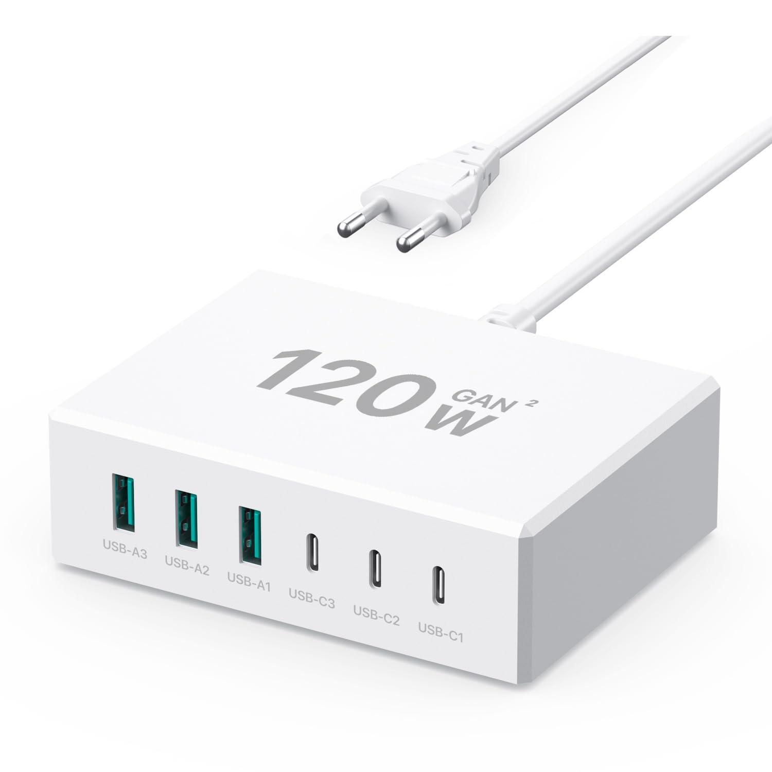 USB C Ladegerät 120W GaN，USB Ladegerät Mehrfach 【3USB-C + 3USB-A】 PD Ladestation 6 Port USB C Ladestation Kompatibel mit iPhone/Samsung/Google/Tablet/Mobil Power und Anderen USB Geräten (Weiß)