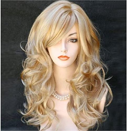 FLYGOU 26” Long Wavy Curly Blonde Mixed Gloden Highlights Wigs Women’s Cosplay Party Wig with Bangs