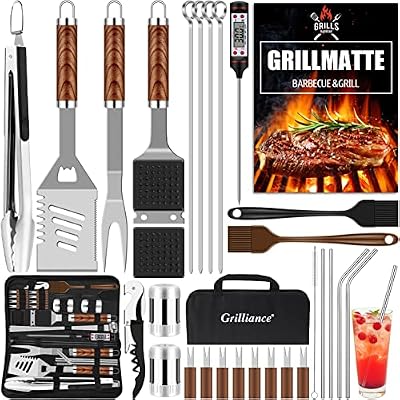 BBQ Grillbesteck Set 30 Grillzubehör aus Hochwertiger Edelstahl Grillzange Grillspachtel Korkenzieher Grillset mit Grillkoffer und Grillmatte für Männer Geschenk für Garten Camping Braun