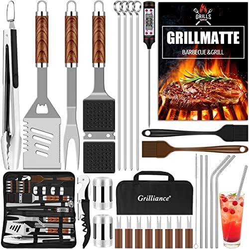 BBQ Grillbesteck Set 30 Grillzubehör aus Hochwertiger Edelstahl Grillzange Grillspachtel Korkenzieher Grillset mit Grillkoffer und Grillmatte für Männer Geschenk für Garten Camping Braun