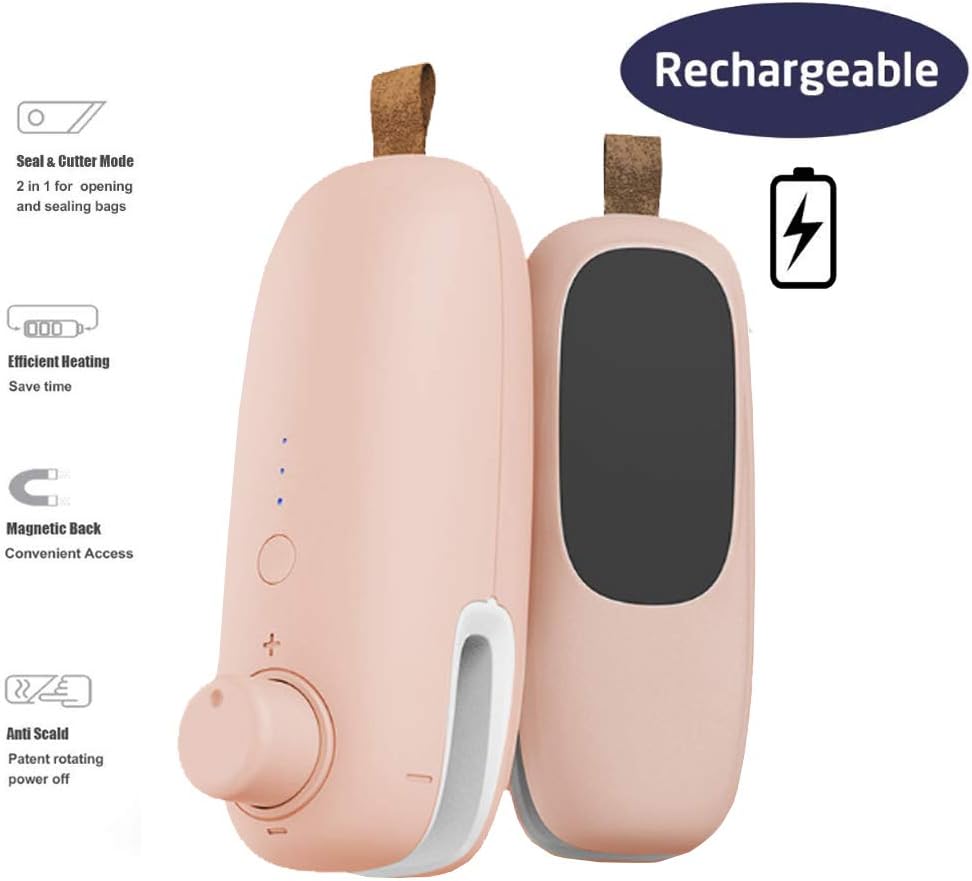 Mini Bag Heat Sealer 2 in 1 Portable Handheld Rechargeable Kitchen Vacuum Sealers Machine for Chip Bags, Plastic Food Storage Bags, Snack & Cereal Bags (Pink, 1300mAh)