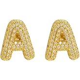 Gold Bubble Initial Letter Stud Earrings for Women Cubic Zirconia Minimalist Alphabet Number Earrings Initial Gifts Jewelry for Women
