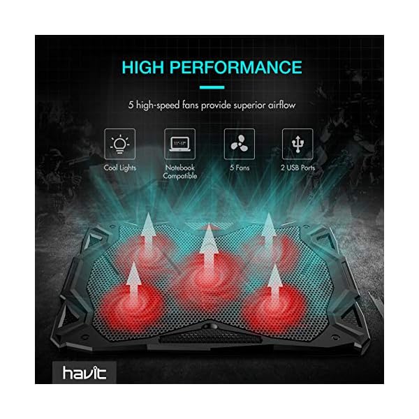 HAVIT-Laptop-Cooling-Fan-Portable-Cooling-Pad-with-5-Quiet-Fans-and-2-USB-Ports-for-Up-to-17-Laptops-F2068-BlackRed HAVIT Laptop Cooling Fan, Portable Cooling Pad with 5 Quiet Fans and 2 USB Ports, Laptop cooler for Up to 17” Laptops…