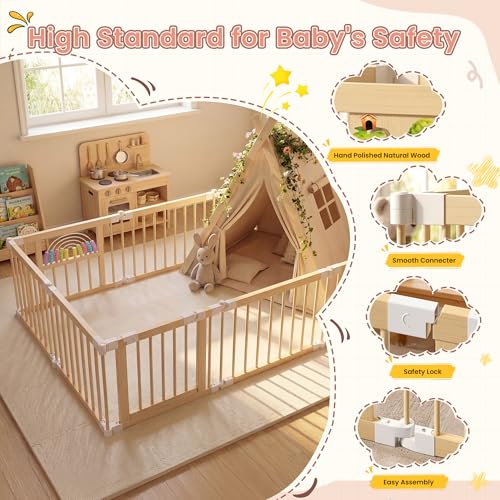 BLEKOO Portable Wooden Baby Playpen with Gate - Foldable 6-sided Activity Center, Adjustable Indoor Play Yard for Infants & Toddlers, Expands to 56" x 56" x 24" Safety Fence