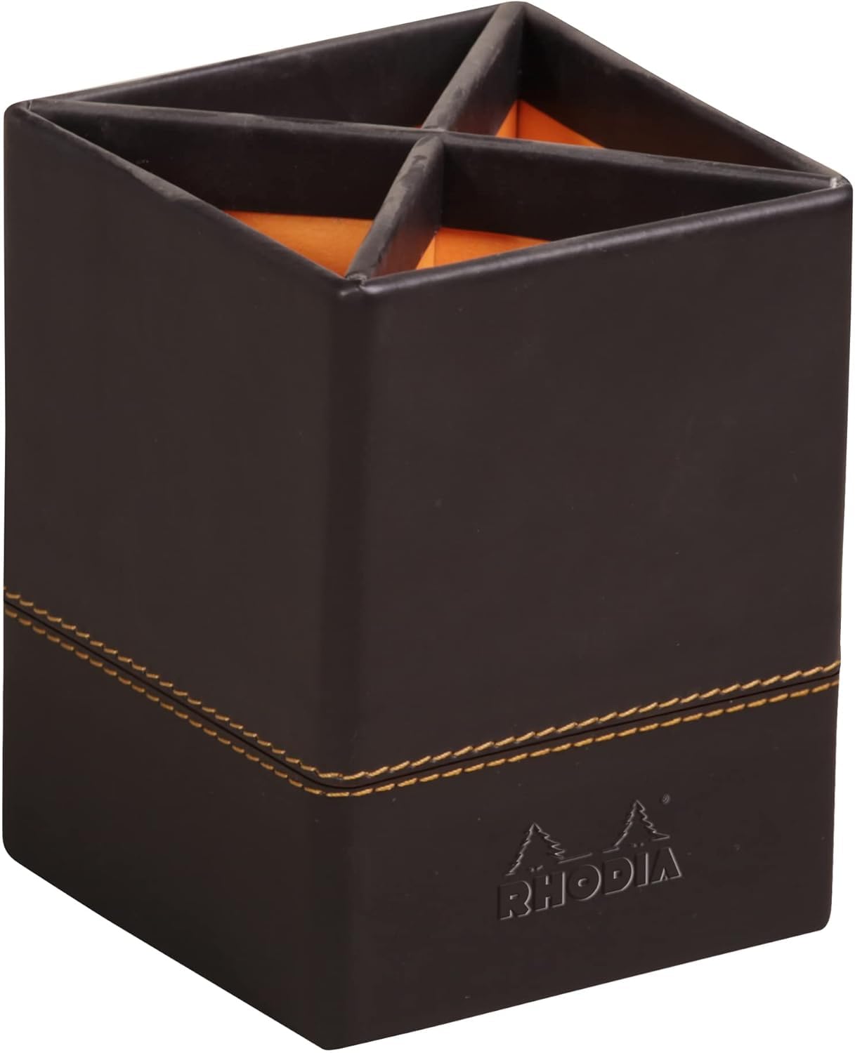 RHODIA 118816C - Black Pencil Holder - 8x8x11 cm - Orange Saddle Stitching - Faux Leather Exterior - Rhodiarama Home Office Collection - Office Organization & Design Storage