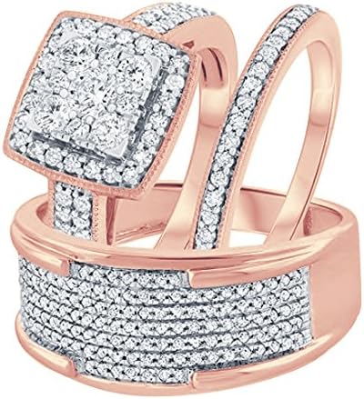 Smjewels Men's & Women's 14k Rose Gold Fn 3/8Ct Round Cut Diamond Trio Wedding Ring Set