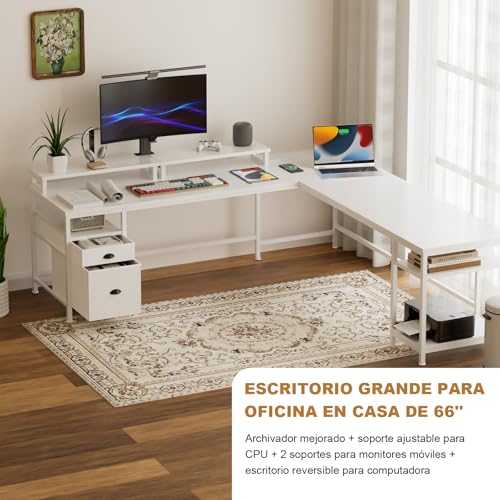 STAR BURN 66" Grande Escritorio en L de con Toma de Corriente,Escritorio Reversible para Computadora con Cajón para Archivos y 2 Soportes para Monitor,Escritorio para Oficina con Estantes Blanco