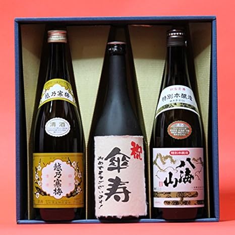 Amazon Co Jp 傘寿 さんじゅ 80歳 おめでとうございます 日本酒本醸造 八海山本醸造 越乃寒梅白720ｍｌ 3本ギフト箱 茶色クラフト紙ラッピング 祝傘寿のし 飲み比べセット 食品 飲料 お酒