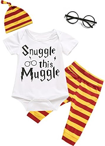 Angebebe 4Pcs Outfit Set Baby Boy Girls Snuggle This Muggle Romper with Classes (6-12 Months, White)