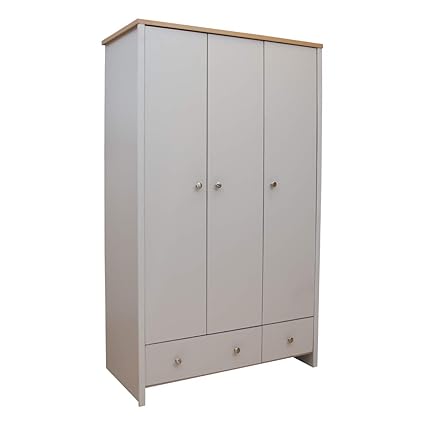 Devoted2home Wardrobe Grey 3 Door 2 Drawer With Oak Top Panel And