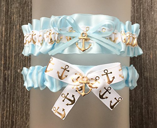 Sexy Nautical Light Blue White Gold Anchor Satin Wedding Garter With Charm Bridal Set