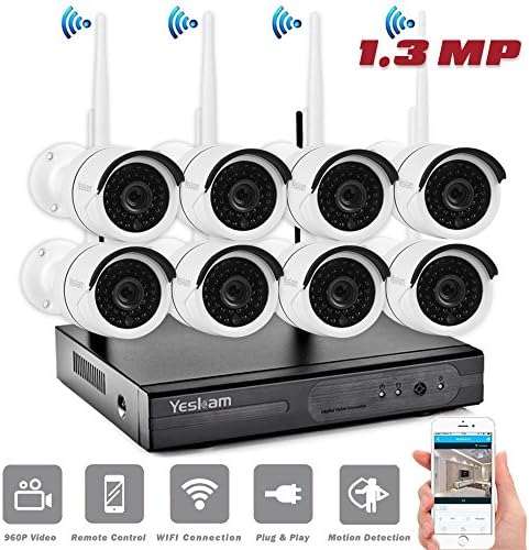 YESKAM 8Channel 960P Security System 1.3 Megapixel Waterproof Wireless IP Camera Night Vision Motion Detection Remote View on App (8CH 960P No HDD)