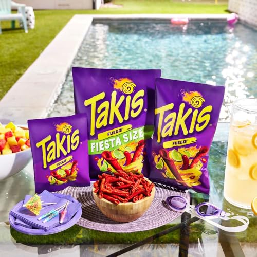 TAKIS FUEGO, HOT CHILI PEPPER & LIME FLAVORED EXTREME SPICY ROLLED TORTILLA CHIPS SNACK SIZE BAG