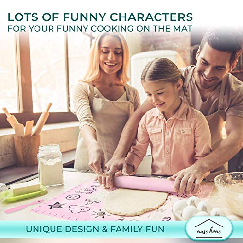 Rolling Pin and Pastry Mat Set - Non Sticks Silicone Mats for Baking Dough Roller with Silicon Spatula - Reusable Unique Design for Decoration Maker on Cake and Cookies - Pizza Wheeler