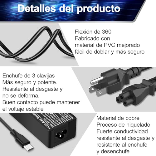 Kammoy 65W/45W USB C/Type C Cargador Adaptador de portátil para Lenovo Chromebook ThinkPad X1 Carbon T480 T480s T580 T490s E585 E580 E590 E595 C330 14e 300e 500e Yoga 720-13IKB S730-13 920-13