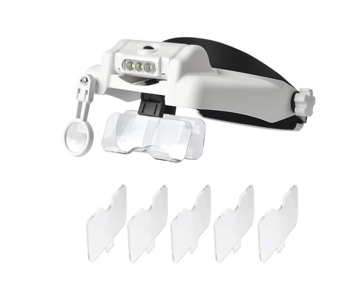 Bulipu Head Mount Magnifying Glass, Headset Loupe with 3 LED, Adjustable Helmet Magnifier Headband Magnifier Glasses