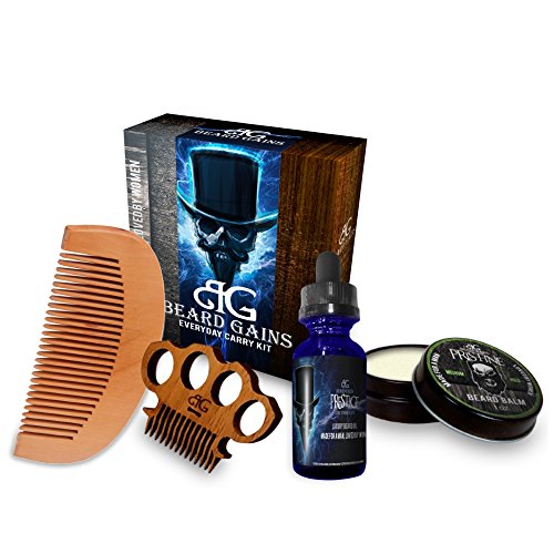Beard Gains Prestige Every Day Carry Beard Care Kit - Beard Oil, Beard Balm Conditioner, Mustache Comb, Wooden Beard Comb