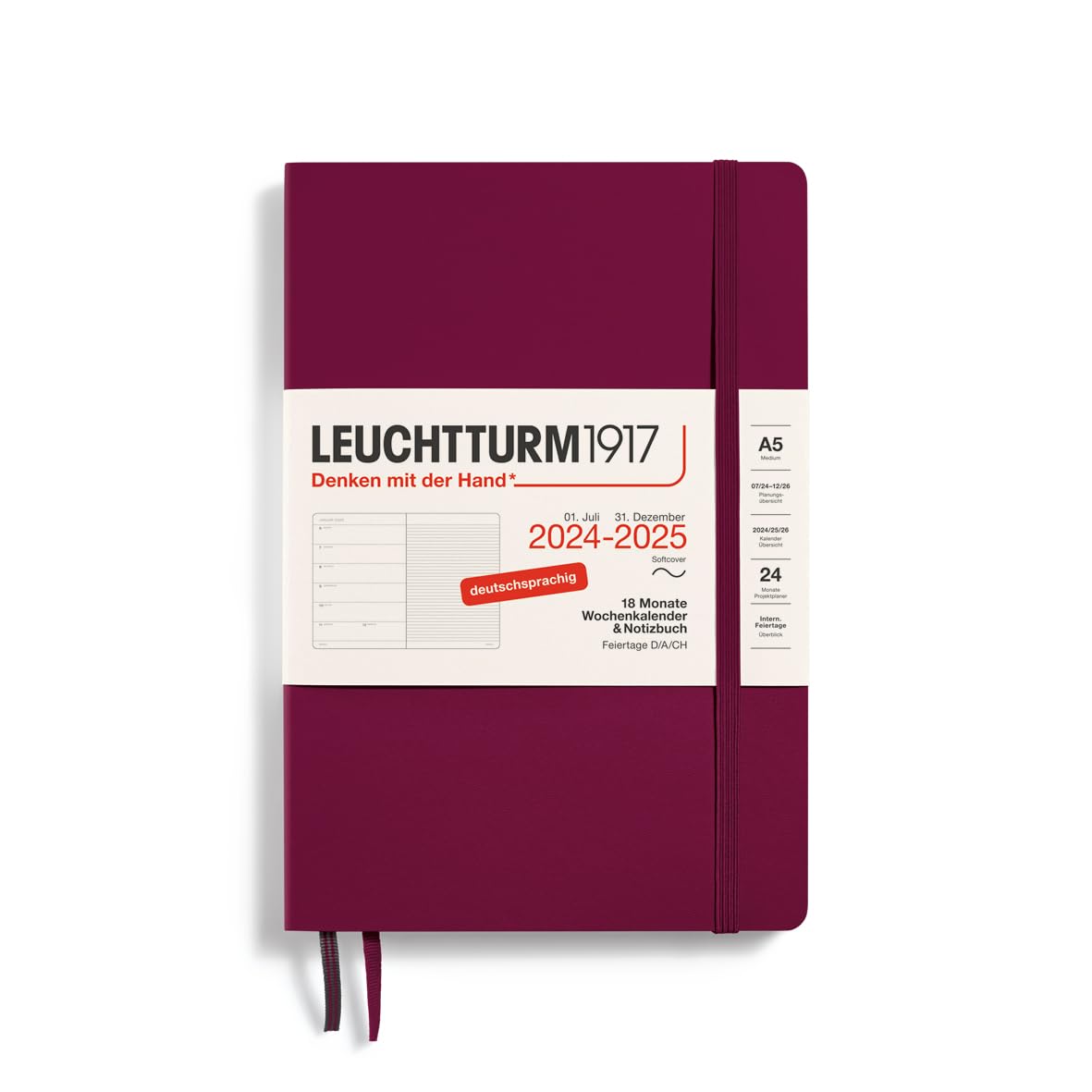 LEUCHTTURM1917 370621 Weekly Calendar & Notebook 2025, Medium A5 Softcover - 18-Month Planner, 80 g, Lined - Port Red