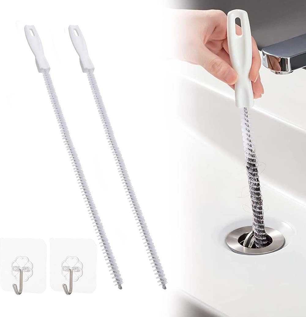 Drain Hair Remover, Plughole Unblocker, 2PCS 45cm Flexible Sink Cleaning Brush with 3 Sticky Hooks, Pipe Clog Cleaner Waterpipe Drain Dredge Tool, Bath Plug Long Hair Cleaner Stick Overflow Unblocker