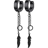Unisex Gothic Kpop Emo Black Stainless Steel Feather Circle Ring Spike Tassel Chain Dangle Drop Earrings Piercing Jewelry Huggie Hoop Earring Gift for Men Women Teens