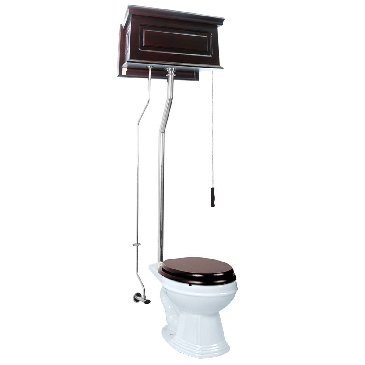 Dark Oak High Tank Pull Chain Toilet with White Elongated Toilet Bowl