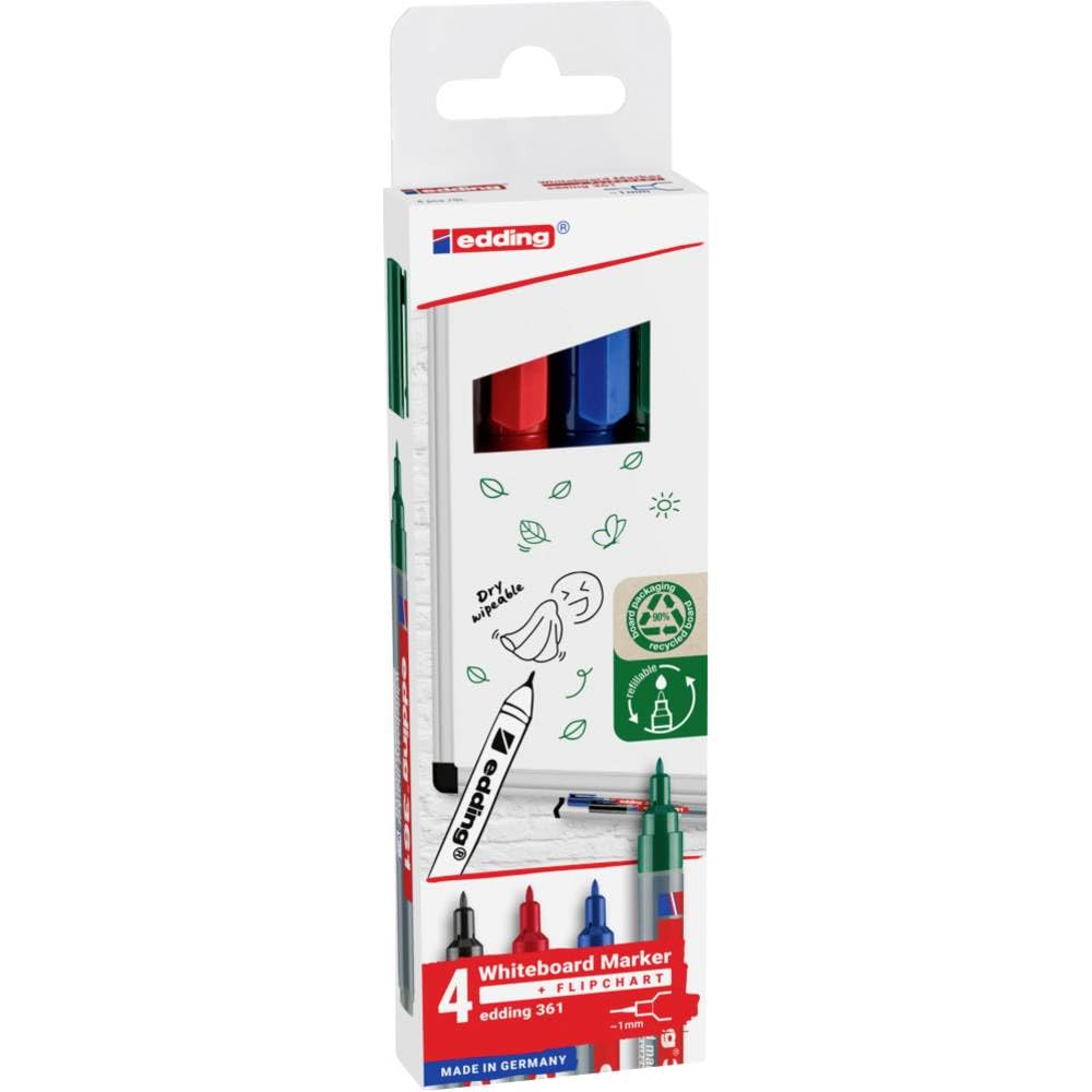 edding 361 whiteboard marker set - multi-coloured - 4 whiteboard pens - round nib 1 mm - whiteboard pen dry wipe - for whiteboards, flipcharts, magnetic, memo boards - sketchnotes - refillable