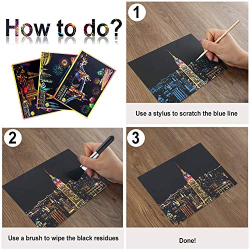 Koogel Kratzbilder, 16 Baltt 200 x 140 mm Scratch Paiting Paper Architektur Wandbild DIY Beschichtete Bunte Kratzpapier mit Werkzeug Set