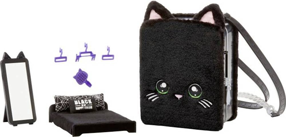 Na Na Na Surprise 3-in-1 Backpack Bedroom Playset with Fashion Doll Tuesday Meow in Exclusive Outfit | Black Fuzzy Kitty Bag, Real Mirror, Closet with Drawer, Pillows, Blanket | Kids Ages 5+