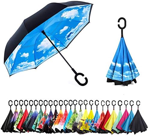 Inverted Umbrella Double Layer C Shape Handle Reverse Folding Umbrella Anti-UV Windproof Travel Umbrella with Carrying Bag