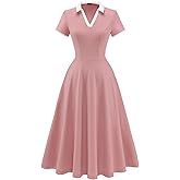 Dressystar Women V Neck 1950s Vintage Short Sleeves Dress Retro A Line Swing Rockabilly Cocktail Party Dresses with Pockets