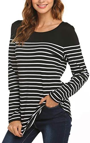 SimpleFun Women's Casual Long Sleeve Round Neck T-Shirts Striped Shirts Color Block Tunic Tops Patchwork Blouse