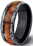 Mens Wedding Band 8mm Black Tungsten Ring Wood Inlay Pattern Dome Comfort Fit