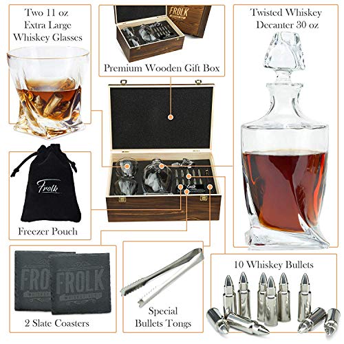 Whiskey Decanter and Stones Gift Set for Men - Whiskey Decanter, 2 Twisted Whiskey Glasses, 10 Stainless Steel Bullet Shaped Stones, 2 Slate Coasters, Tongs & Freezer Pouch in Wooden Gift Box - Image 3