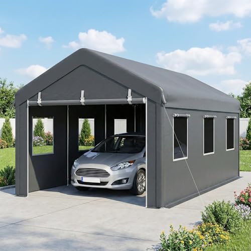 Outsunny 10' x 20' Carport Portable Garage Heavy Duty, Dark Grey | Car Port Canopy, 2 Roll-up Doors, 6 Ventilated Windows, for Car, Truck, Boat, Garden Tools