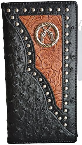 Men Western Black Ostrich Cowboy Gun Concho Leather Tooled Hunting Wallet