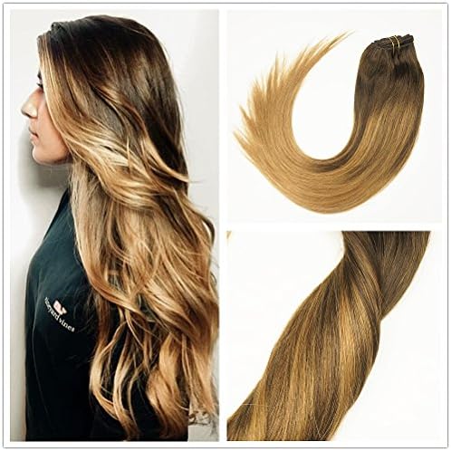 Stella Reina Natural Ombre Color #2/6 Dark Brown and Caramel Highlights Balayage Sombre Hair Weft Bundle 100g Silky Straight Weave Sew In 18 Inch Medium Length
