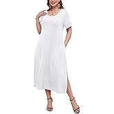 LARACE Plus Size Maxi Dress for Womens Summer Short Sleeve T Shirt Dress with Pockets Loose Fit Casual Sundresses with Slit
