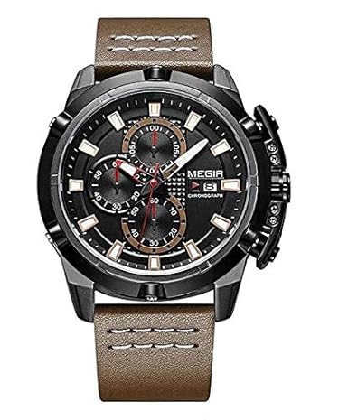 Gmarks Megir Elegant Design Analog Chronograph Sports Series Genuine Leather Strap Watch -2062