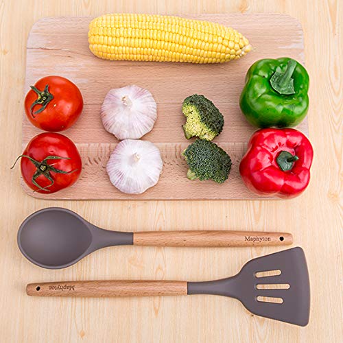 Mapthon Silicone Cooking Kitchen Utensils Set 6 PCS with Wooden Handle for Non-Sticker Cookware Heat-Resistant Kitchen Gadgets Serving Spoons, Slotted Turner, Spatula, Spaghetti Server(Grey)