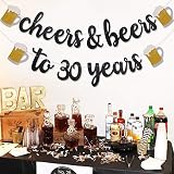 Levfla Cheers & Beers to 30 Years Black Glitter Banner,Party Supplies Decorations for 30th Birthday Wedding Anniversary - PRESTRUNG & Ready to Hang