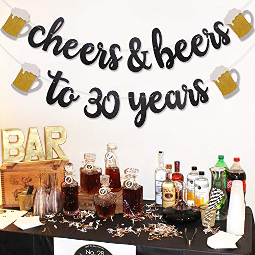 Levfla Cheers & Beers to 30 Years Black Glitter Banner,Party Supplies Decorations for 30th Birthday Wedding Anniversary - PRESTRUNG & Ready to Hang