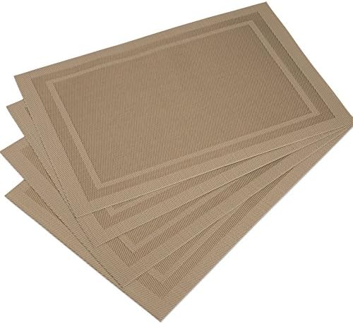 DinaChef Place Mats for Dining Table or Kitchen, Quality Thermal Bonded Edges, Reversible Placemats, Vinyl Placemat Set of 4, Rectangle Frame Design Mats in Beige