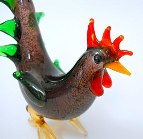 New Purple Glass Chicken Rooster Figurine Red Cock Wattles Green Tail Feathers