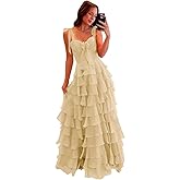 KNCERY Women’s Chiffon Tiered Ruffles Prom Dresses 2025 Spaghetti Straps A-Line Long Formal Ball Gown with Slit