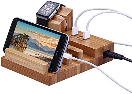 Wooden Charging Station, EPOLLO 3 USB Charger Bracket with Charging Stand for Apple Watch, 5V 3A Smart USB Port, Fast Charger Dock/Holder for Smartphones, Tablets