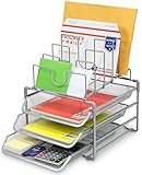 DecoBros STACKABLE Mesh Desk Convertable Organizer 3 Letter Trays and 5 Horizontal Upright Sections, Sliver