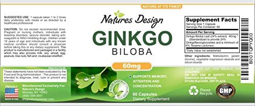 Ginkgo Biloba Extract Supplement - Boost Focus Clarity Cognitive Enhancement Nootropic Pills - Brain Booster Memory Support Capsules - Mental Performance Anti Aging for Men &amp; Women - By Nature Design