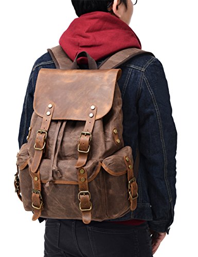 Kemy's Mens Waxed Canvas Backpack Leather Rucksack for Men Wax Leather Backpacks Travel Vintage Bookbag with Laptop Compartment Rustic Large Waterproof Coffee Easter Gifts