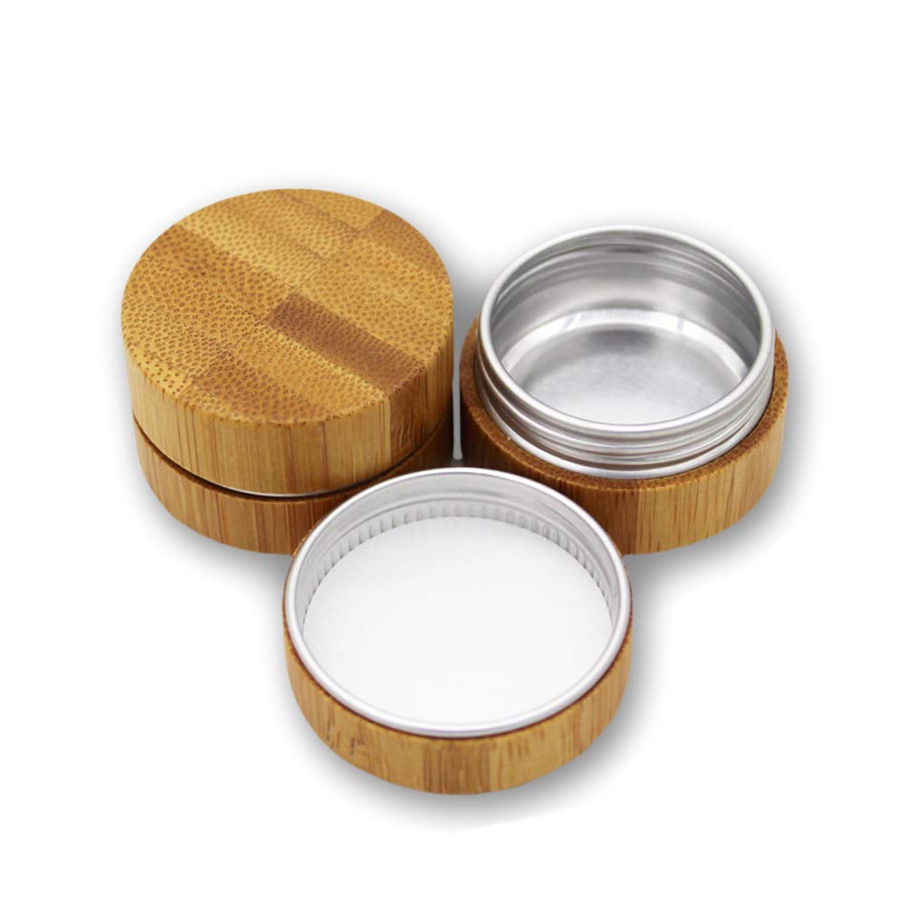2 Pieces 10ml Empty Aluminum Tin with Bamboo Shell Cosmetic Sample Containers Round Metal Tin Jars Bamboo Tins Round Bamboo Cosmetic Jars with Screw Lids for Make Up Lotion Sample Lip Balm Eye Shadow